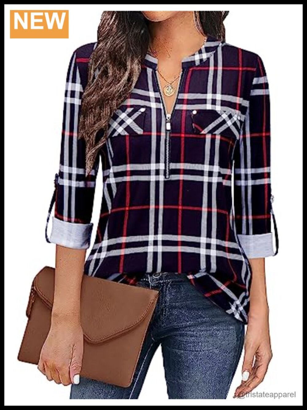 3/4 Sleeve V-Neck Zip Front Tunic Blouse Cotton Blend Business Casual Office Top